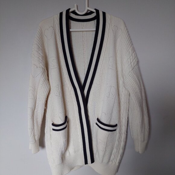 "Pointelle Knit Coatigan" Cardigan Cable Nautical Trim, Women's OverSize S - Picture 1 of 9